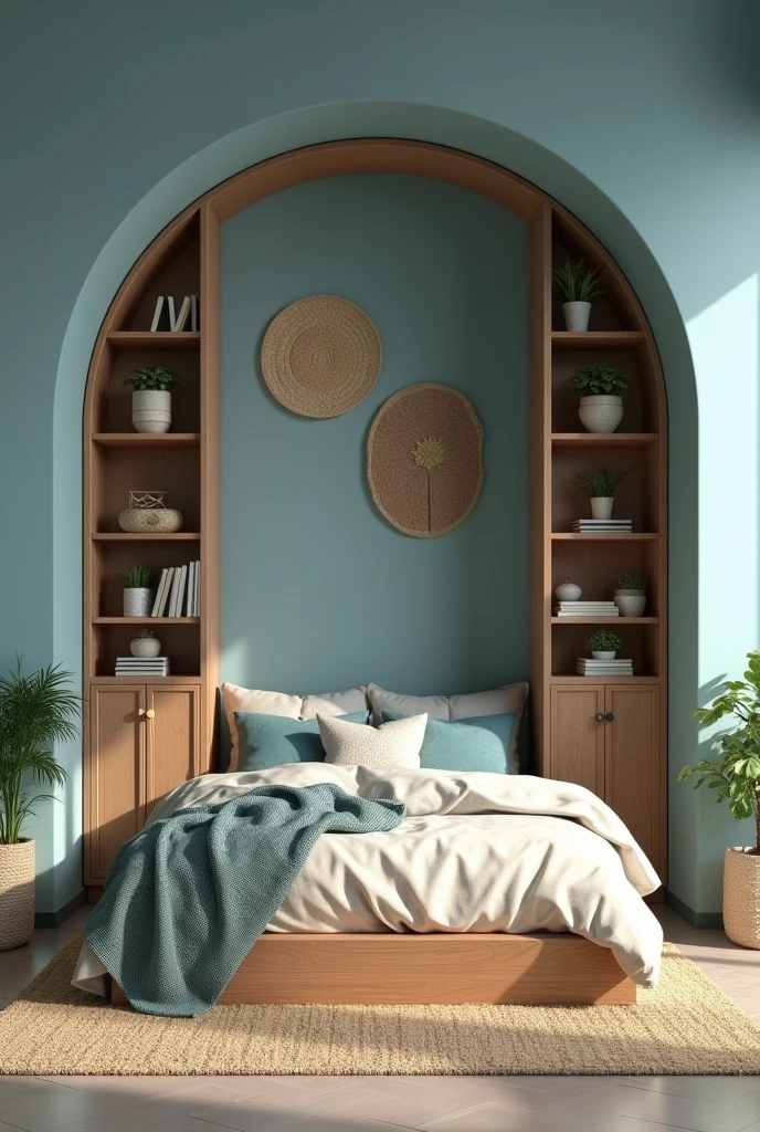 illustrate a bedroom decorated with a modern boho aesthetic with a wardrobe designed to form an arch around the bed as a reading nook, in cool shades of light and dark blue