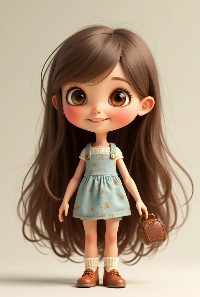 Create a doll , drawing style , long straight brown hair, eyes browns , Grinning, 3 d
