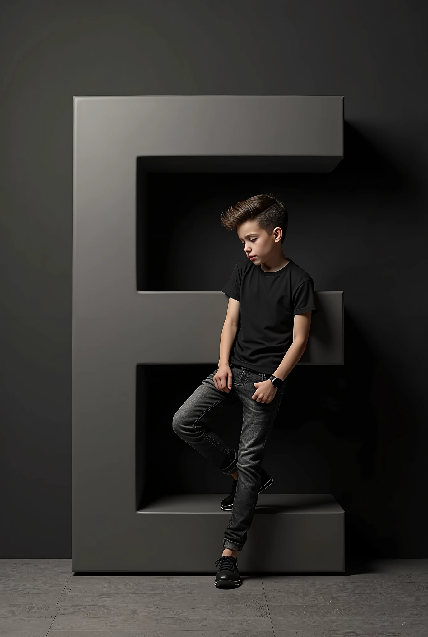 realistic cute stylish attitude boy standing up leaning on a Large Black 3D “E” name letter side and face down. boy wearing black full t-shirt and black jeans, black shoes, watch stylish hair, The background black wall should ensure that the name is not misspelled
