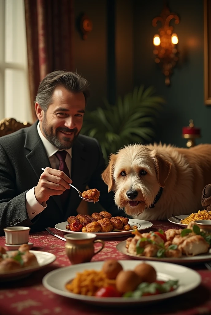 A man has a dog living in luxury, eating kebabs and kofta. Create an image that represents this scene, with colors that look old, as if from the early days of color television.