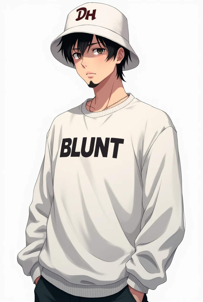 Adult male character in anime format with a white sweatshirt with the words BLUNT written on it and a white bucket hat with the words DH written on it in the right corner, with short black hair and a goatee, with a serious face looking forward from the abdomen up.
