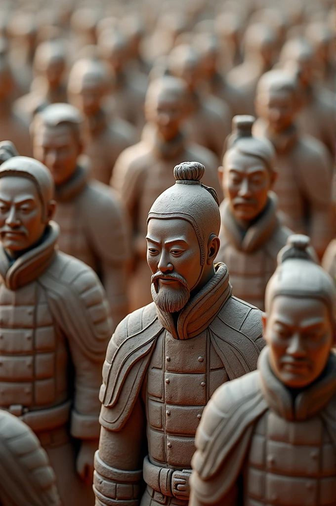 close-up of the Terracotta Army, showcasing the detailed warrior statues. Include various figures, such as soldiers, horses, and chariots, arranged in rows.
Effects: Highlight the intricate details of the statues, such as facial expressions and armor. Apply realistic lighting to bring out the texture and depth of the clay figures.