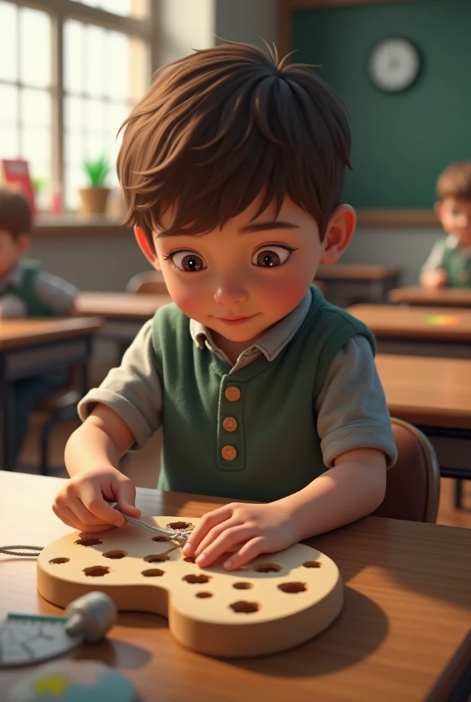  boy inserting a cord into a dog splint with holes, inside a classroom