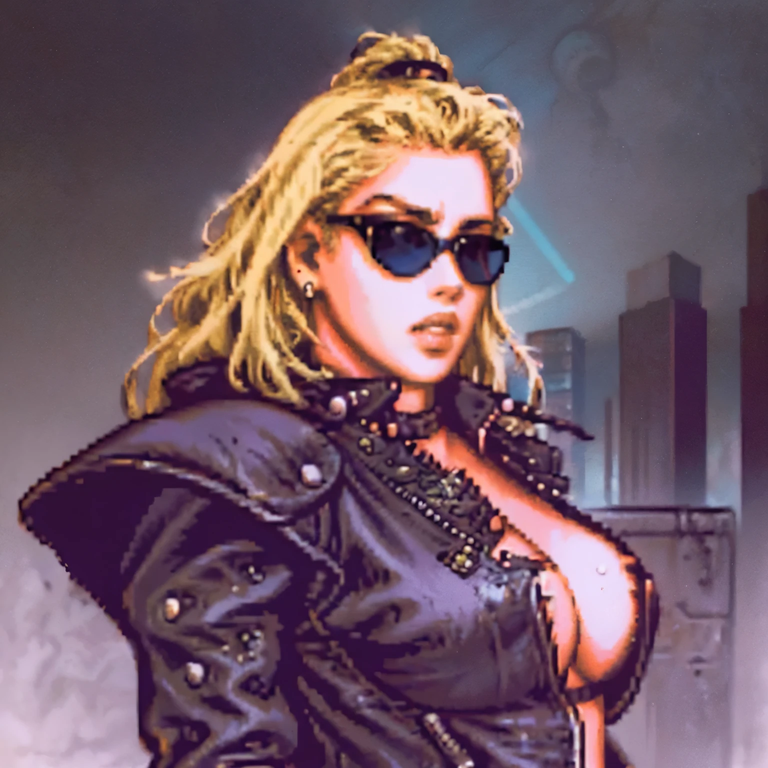 Beautiful curvy girl, realistic portrait, perfect face, black sunglasses, blond rock hair, 80s hair, leather jacket wits spikes, disco style, 80s pop rock style, high quality, neon light, cyberpunk background
