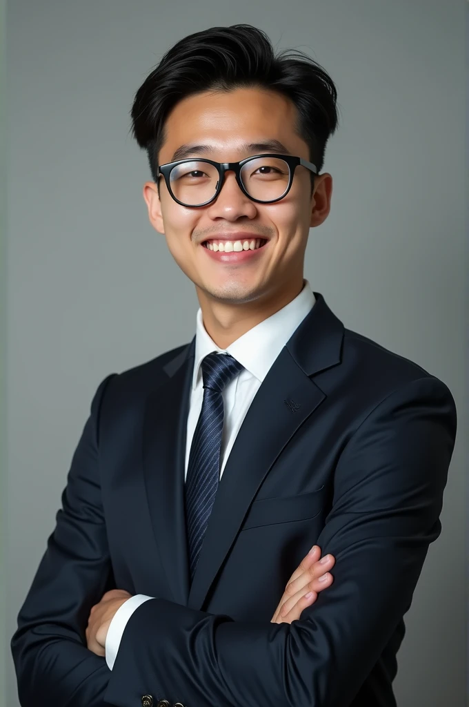 create an AI character of a young man in rounded glasses wearing suit and tie posing for a professional look photo