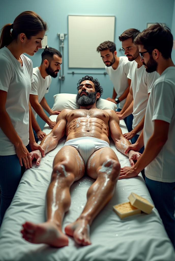 In an anatomy classroom, an Arab man, muscular and toned, bearded man full beard and hairy body, is lying on an examination table completely, wearing only white underwear. Bed bath. He is all washed, soaped and lathered from head to toe with water, soap and sponges, touched and examined closely by a group of curious casually dressed students around, all focused on learning about the human body. The school classroom is bright.