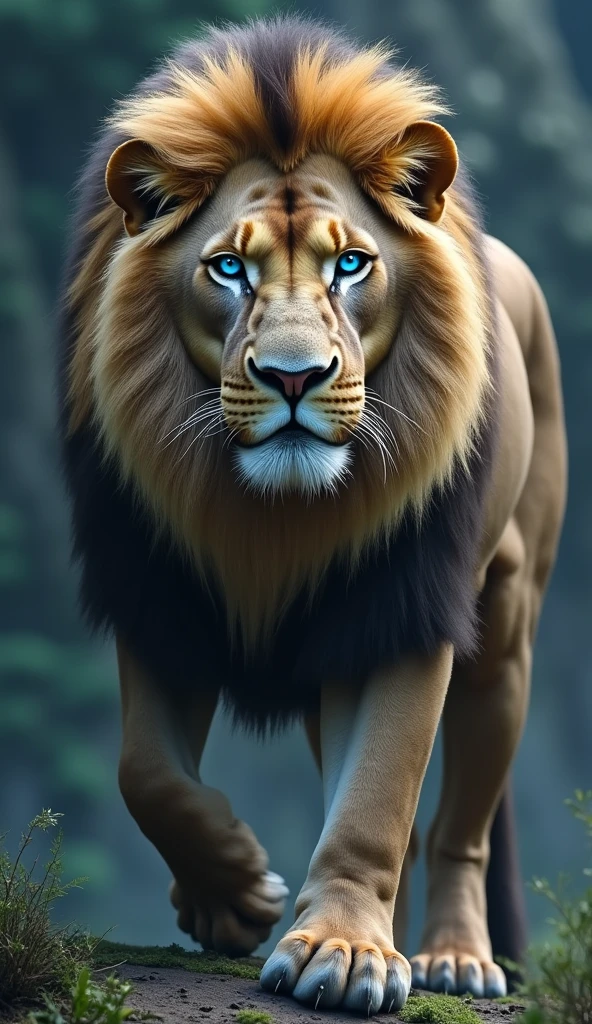 Generate ultra realistic 8k video of a big strong blue-eyed lion