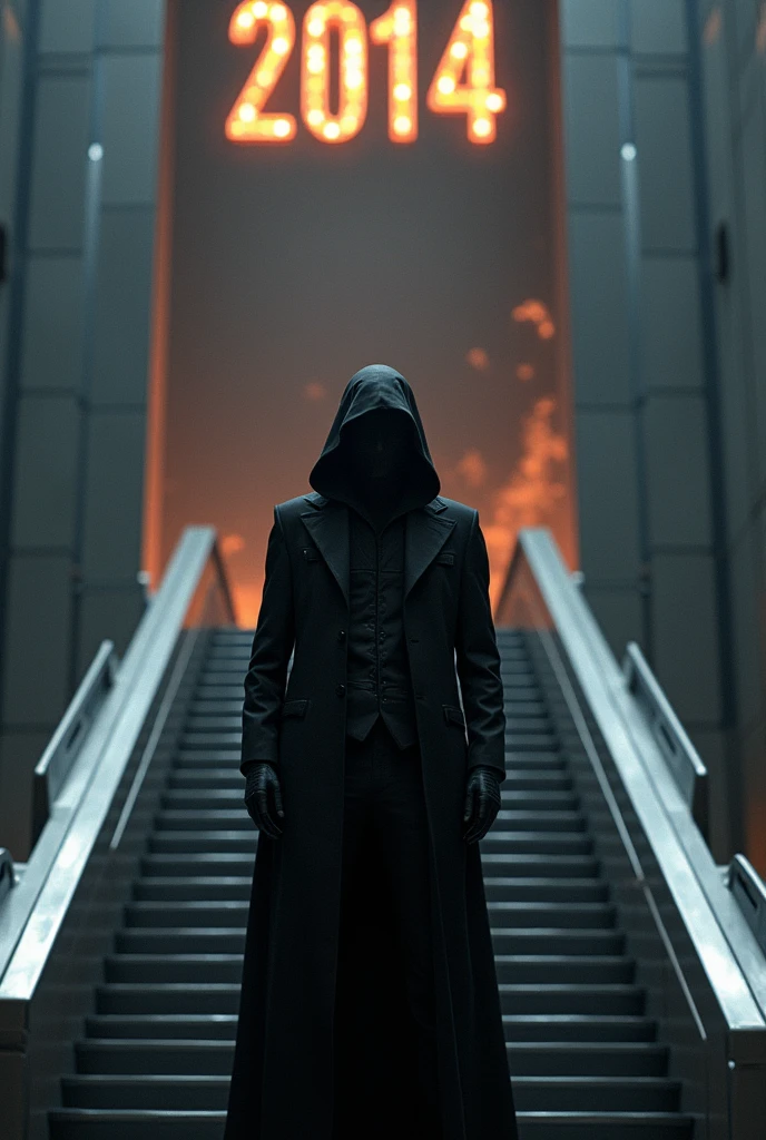 Create a man on top of a futuristic staircase in front of a dark portal.. Above the portal it says 2014 on fire. The man is wearing a hood with casual but very elegant black clothing..