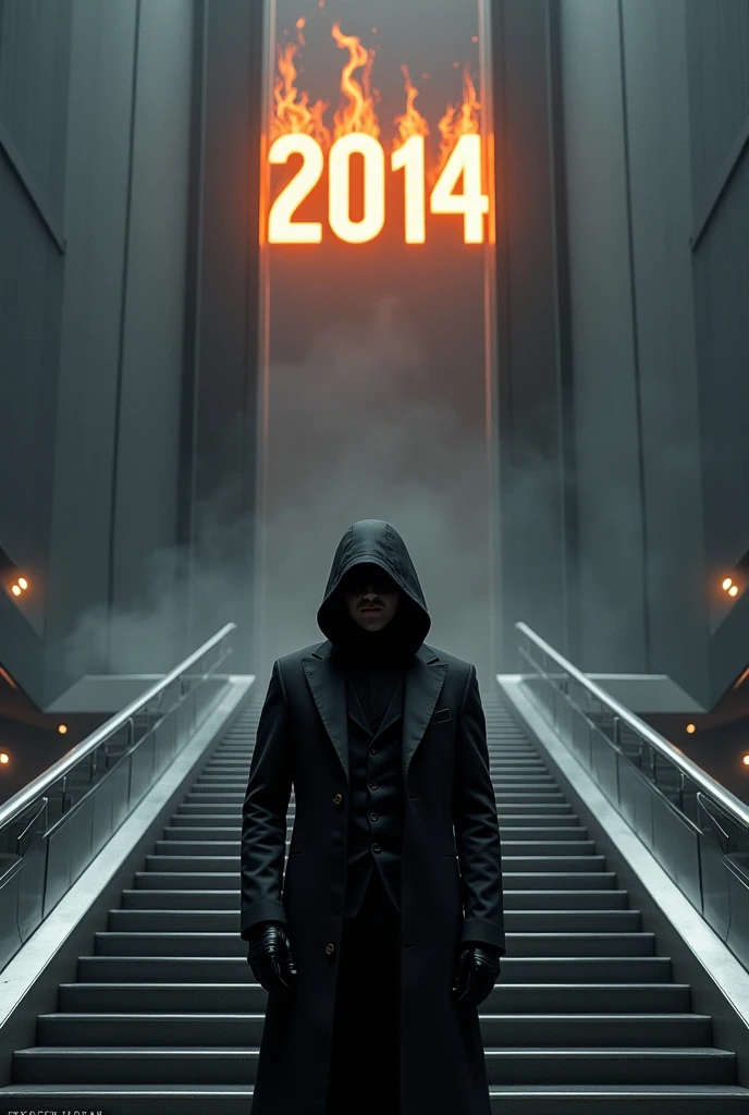 Create a man on top of a futuristic staircase in front of a dark portal.. Above the portal it says 2014 on fire. The man is wearing a hood with casual but very elegant black clothing..