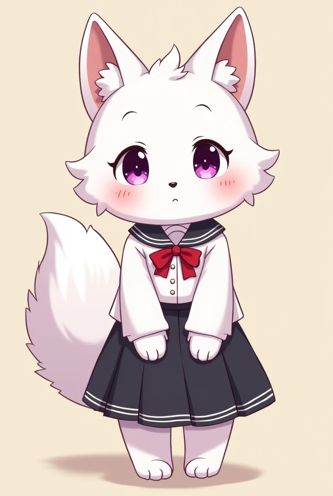 Short, cute, fluffy, anthro female white-furred fox, wearing a cute white school uniform with a black skirt, having two large, round, beautiful purple eyes, standing and looking at viewer, her soft expression calm and composed, anime style.