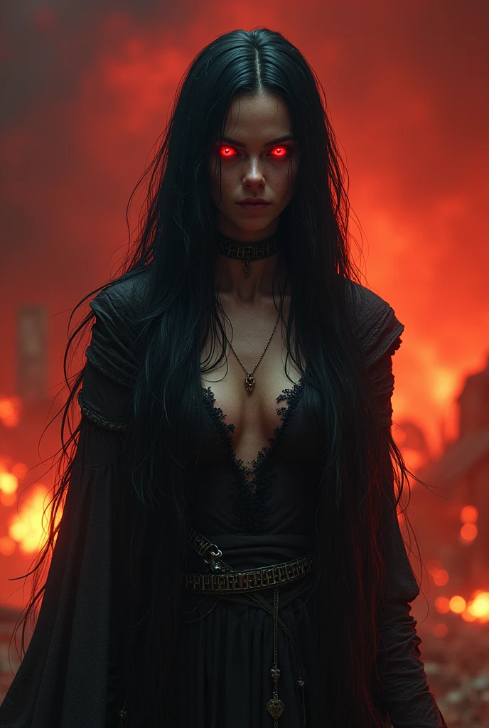  witch , ,burning village ,dark red  Magic devil book , flat chest , slim , very long pitch black hair , red eyes , veins, possessed by the Devil ,old witch robe, 