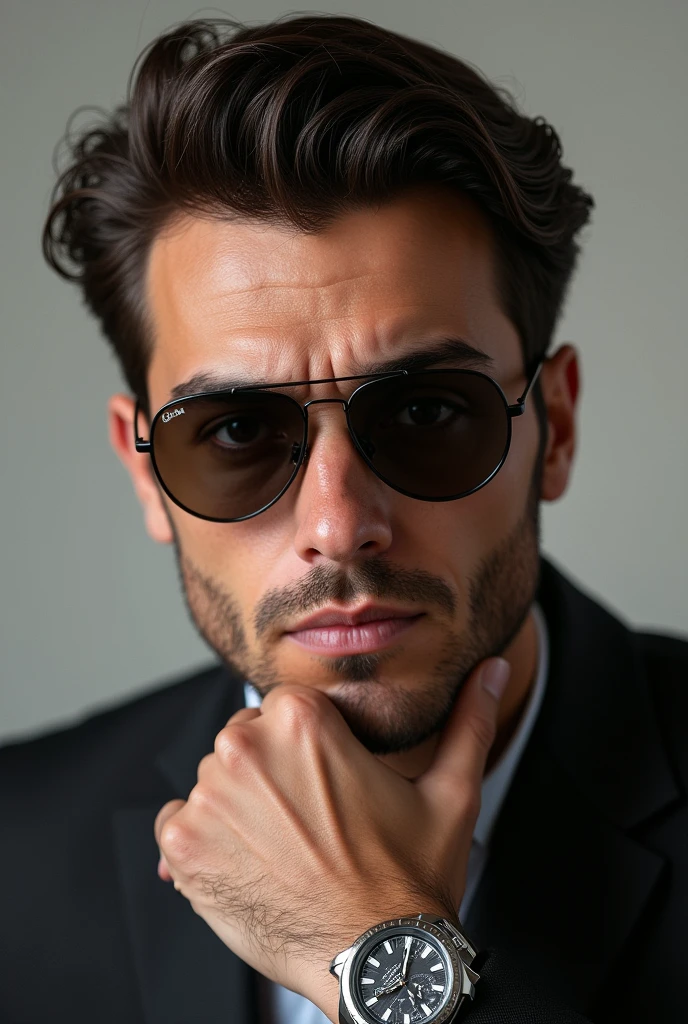 (Photorealism:1.1) a man dark brown hair and brown eyes em Monza óculos Rayban e um ômega e usando 8k ultra realistic super detailed