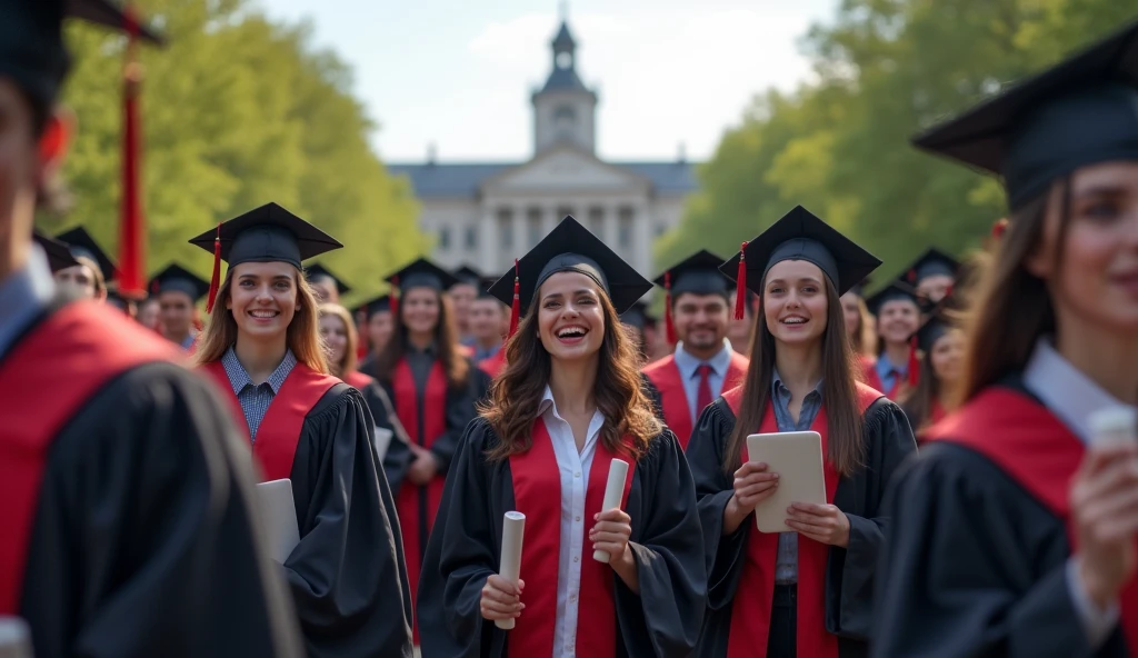 "A modern university graduation ceremony"
Show a large group of students in caps and gowns, celebrating with diplomas in hand. Some of them look worried, conveying mixed emotions about their future prospects.