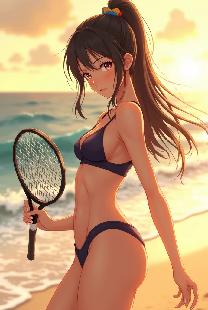 A hot anime woman on the beach playing with a black fiberglass racket in her right hand
