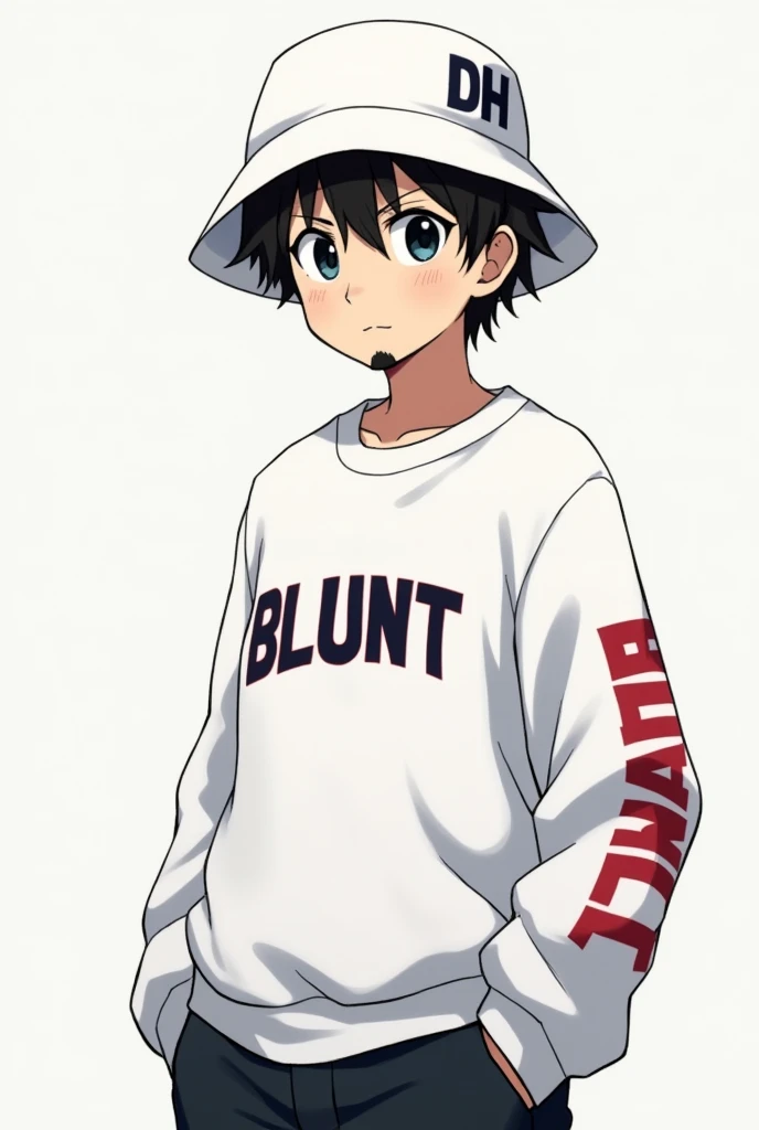 Adult male character in anime format with a white sweatshirt with the words BLUNT written on it and a white bucket hat with the words DH written on it in the right corner, with short black hair and a goatee, with a serious face looking forward from the abdomen up.