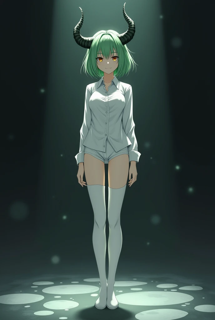 Anime girl with short green fluffy hair with white shirt and white pants with dark and slim body with big boobs standing in the big black home with brown horns with long white socks
