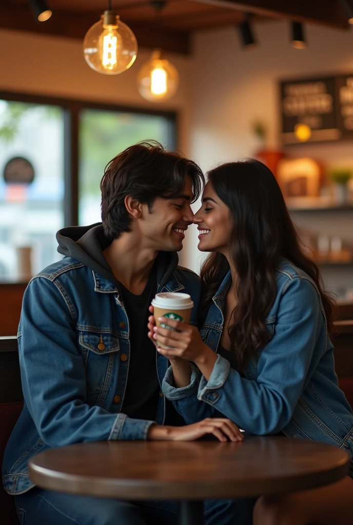 A 20 years old young indian boy with medium long hair wearing denim jacket and seating with his 20 years old young girlfriend with long hair who's wearing blue jacket and both are seating in starbucks coffee shop.