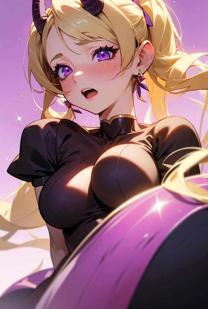 1girl, Masterpiece, Blonde Hair, Twintails, Ponytail, Large breasts, Breasts, Earrings, Blush, Open Mouth, Blue eyes, Red Eyes, Purple Eyes, Embarrassed, Heavy Breathing, Simple background, Hair Ribbon, Horns, Sparkle, 3D Rendering, Anime, 