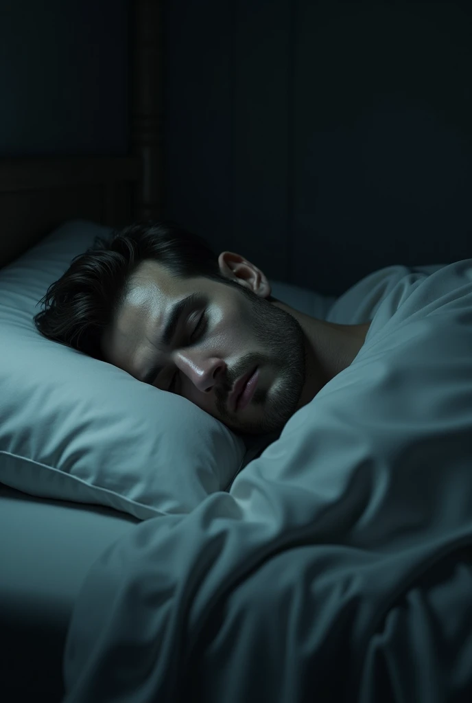 Man in a realistic scene with cold and slightly scary tones lying on his side sleeping in his bed