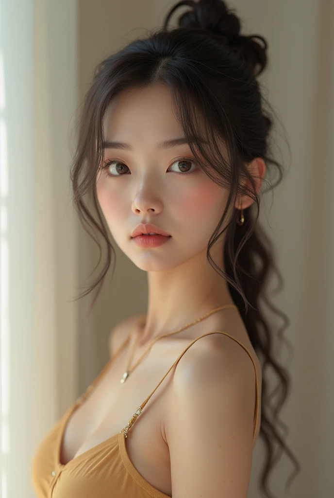 1girl, (RAW photo:1.2), (photorealistic:1.4), (masterpiece:1.3), (best quality:1.4), ultra high res, (detailed facial features), (detailed clothes features), HDR, 8k resolution, solo focus, bangs, skin tight, (slender girl), (extreme detailed illustration),  scenery, no text, bunches,  smile,(gradient background:1.2 ),   