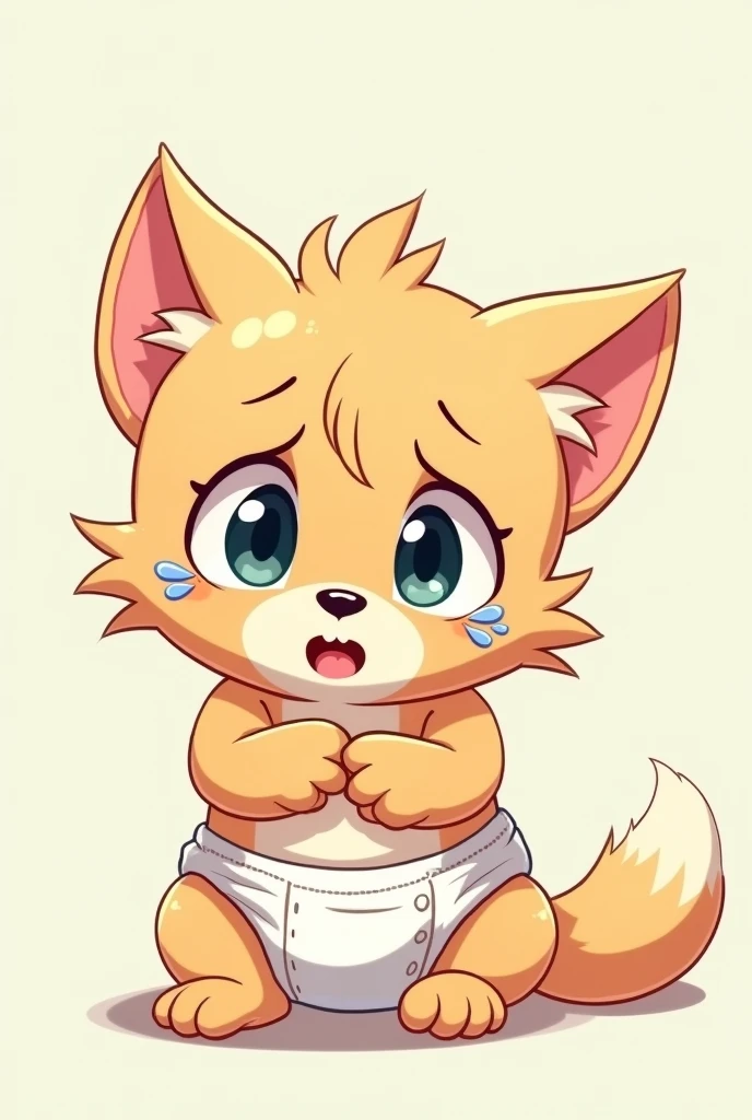 A baby furry character, emotionally distressed and shedding tears, because he is adorned in a diaper. The artwork should be in the characteristic style of a classic anime, with exaggerated and expressive features prevalent in this medium, keeping all depictions family-friendly. The furry character could potentially be a cute kitten or puppy animal type, staying true to the innocent and lively vibe of many anime characters.