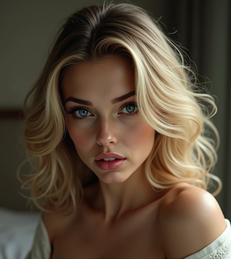 A beautiful blonde woman with blue eyes, totally naked, very perfect and delicious, without any clothes, and very realistic