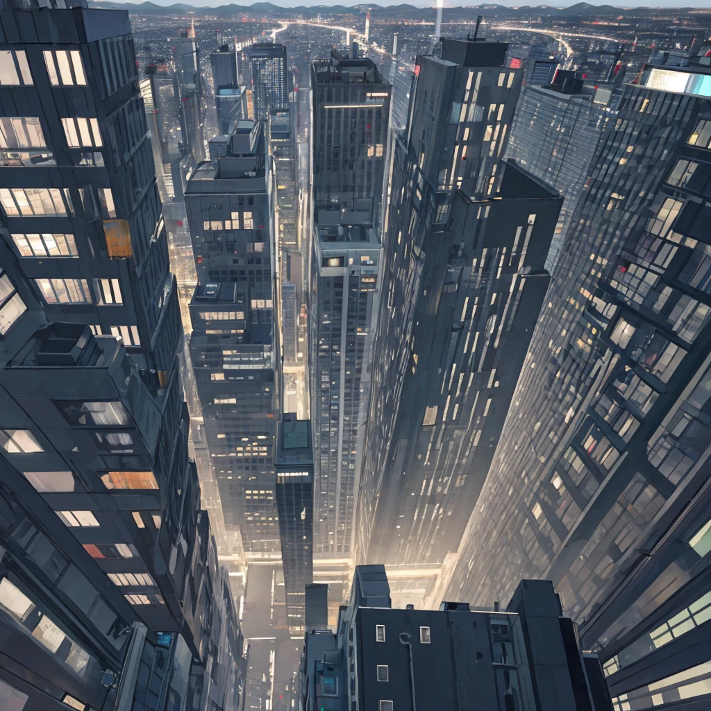 Generate a designer of a city at night, dark without much light, No character, aerial camera in the middle of the buildings