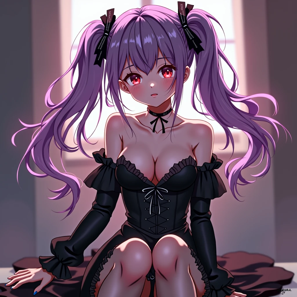 a one woman, purple double ponytail hair, Eyes red, breasts small, black ta dress, transparent pantyhose,best qualityer, anatomically correcte, アニメ