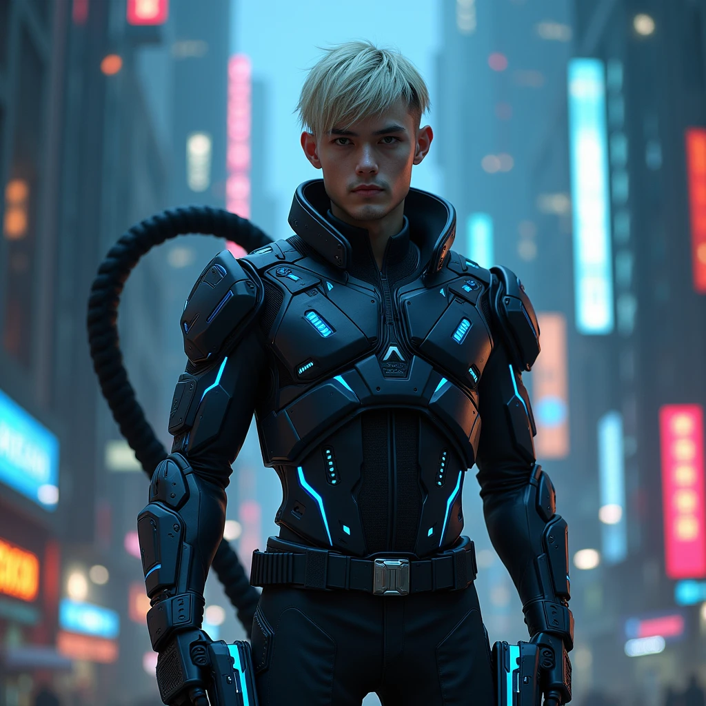 Young handsome man with short blond hair and somboy style face, wearing a futuristic black cybernetic armor with blue details, a black cyber cat tail behind, holding two futuristic blue pistols, in a cyberpunk style night city, epic pose, Masterpiece artwork, precise, High details, lateral view, 3D rendering, conceptual artwork, cinematic lighting, 独奏