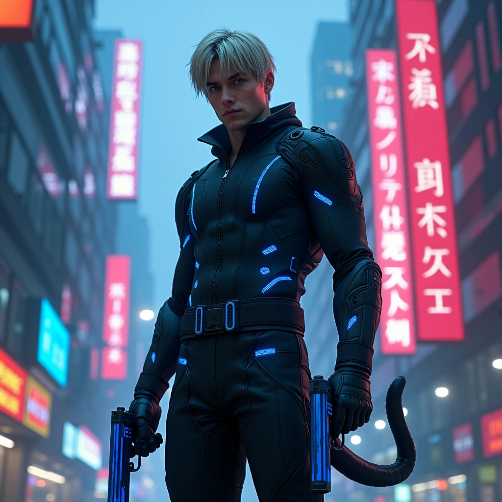 Young handsome man with short blond hair and somboy style face, wearing a futuristic black cybernetic armor with blue details, a black cyber cat tail behind, holding two futuristic blue pistols, in a cyberpunk style night city, epic pose, Masterpiece artwork, precise, High details, lateral view, 3D rendering, conceptual artwork, cinematic lighting, 独奏