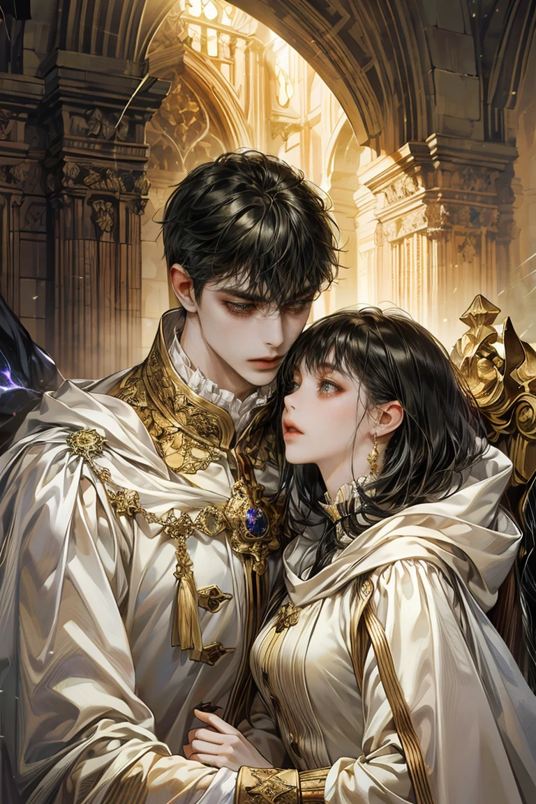 masterpiece, top quality, best quality, official art, beautiful and aesthetic:1.2), (1 woman), extremely detailed, (fractal art:1.3), fancy, most detailed, perfect face, upper body, HDR, (Pray:1.3), (White Cloak Golden Line:1.2), Galaxy, (bright stripes), Striking visuals, (dynamic stripes, The shining promenade:1.2), vivid colors, black hair, yellow eyes