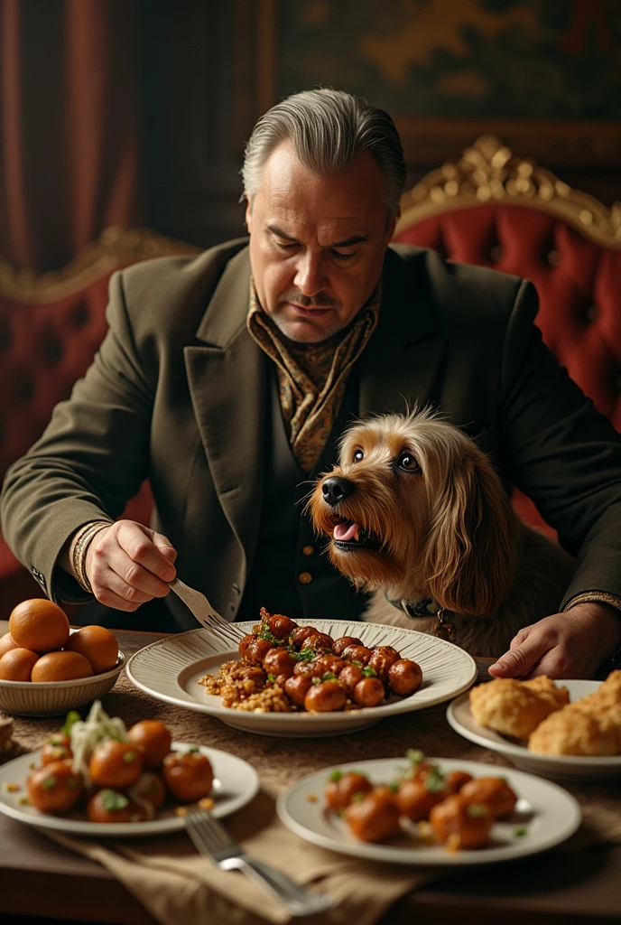 A man has a dog living in luxury, eating kebabs and kofta. Create an image that represents this scene, with colors that look old, as if from the early days of color television.
