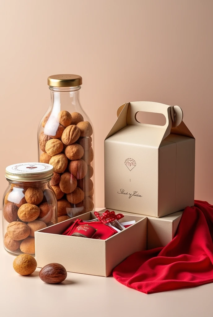 Give me a color palette for a kit gift with the nut colors, dorado, white and as a striking color red. The kit for couples, contains a small box, Two transparent jars, each with a handle, It has a small box where there are activity cards and chocolate. 