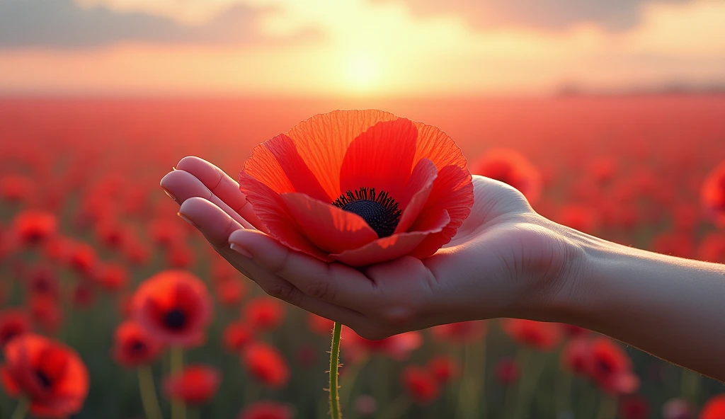 Create an image of a hand holding a poppy, and this image is seen from one side of the image all in 3D with an extraordinary background In horizontal size, as for a wallpaper