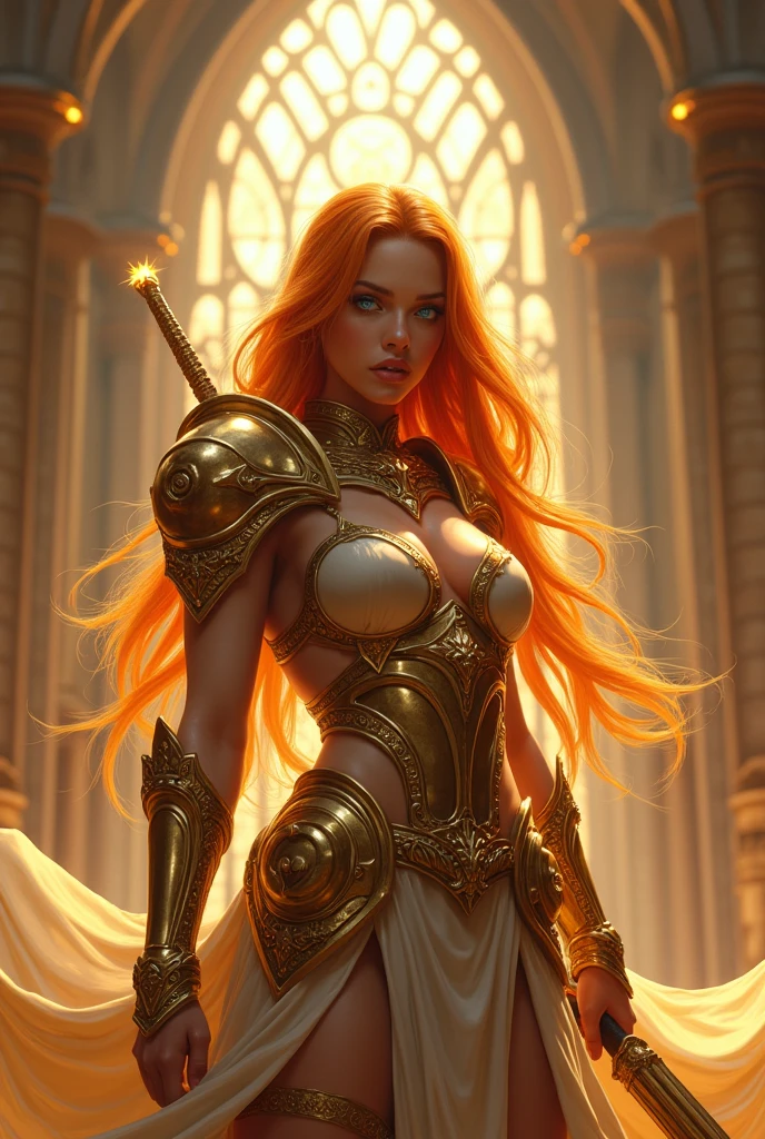 4K photograph style quality, digital drawing mode, holy fantasy-themed beautiful female character, long orange hair with a golden sheen, bright blue eyes, wearing radiant obsidian and gold armor with a large, glowing sword, standing in a grand pyramid cathedral with light filtering through stained glass windows, radiant skin, righteous and determined expression, full body, dynamic pose, life size, perfect anatomy, detailed skin texture, full HD, 4K, HDR, perfect anatomy, depth of field.