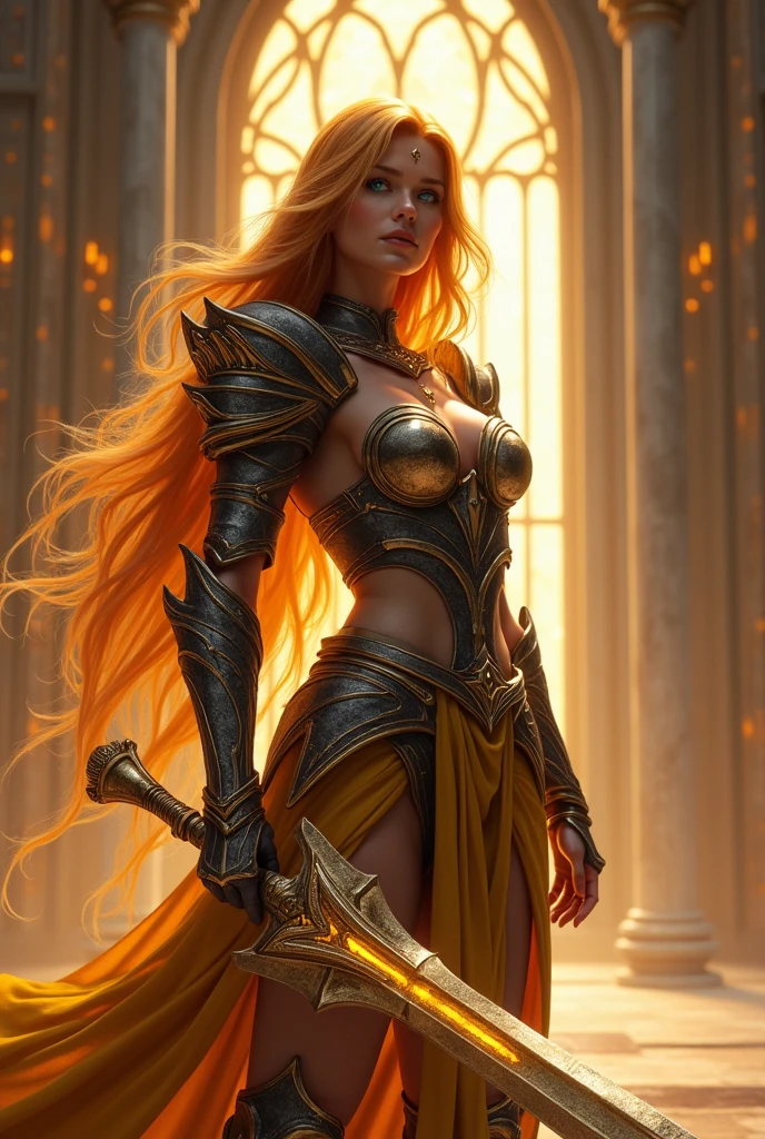 4K photograph style quality, digital drawing mode, holy fantasy-themed beautiful female character, long orange hair with a golden sheen, bright blue eyes, wearing radiant obsidian and gold armor with a large, glowing sword, standing in a grand pyramid cathedral with light filtering through stained glass windows, radiant skin, righteous and determined expression, full body, dynamic pose, life size, perfect anatomy, detailed skin texture, full HD, 4K, HDR, perfect anatomy, depth of field.