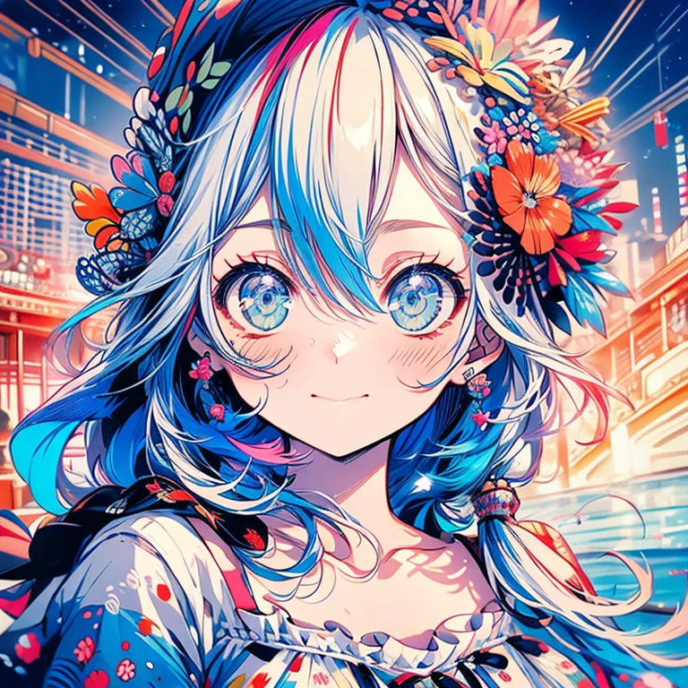 masterpiece、Colorful Hair、Delicate eyes、smile、Hair tied up、Beautiful hair ornaments、Upper Body、(((Embarrassed face)))、night、Ocean、firework