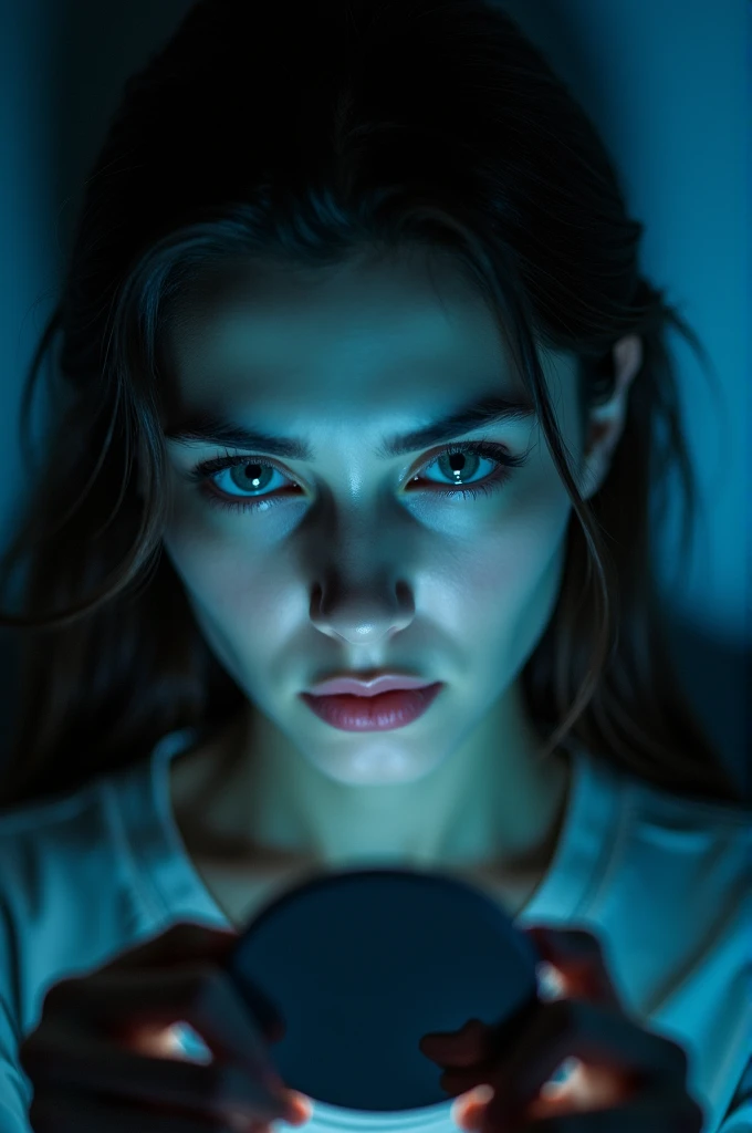 Close-up of a young woman's face, tense expression, low light with dark blue tones. She holds a small mirror.