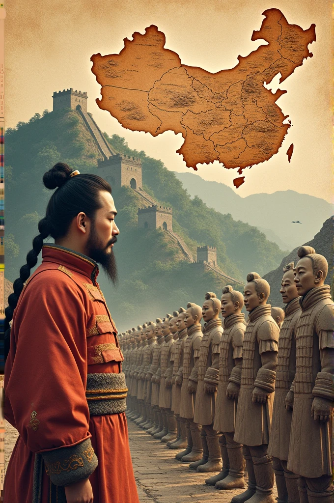 collage featuring elements of Qin Shi Huang’s legacy: the Great Wall, Terracotta Army, and a map of ancient China showing the unified empire.
Effects: Use a blend of faded and vibrant colors to create a historical yet dynamic feel. Incorporate subtle transitions and overlays to seamlessly integrate the different elements.
Additional Notes:
Lighting and Color: Use warm, golden tones to evoke the grandeur of ancient China and cool tones for historical artifacts. Ensure lighting effects create realistic shadows and highlights.
Texture and Depth: Add textures to elements like clothing, walls, and statues to enhance realism. Use depth of field to focus on key details while gently blurring background elements.