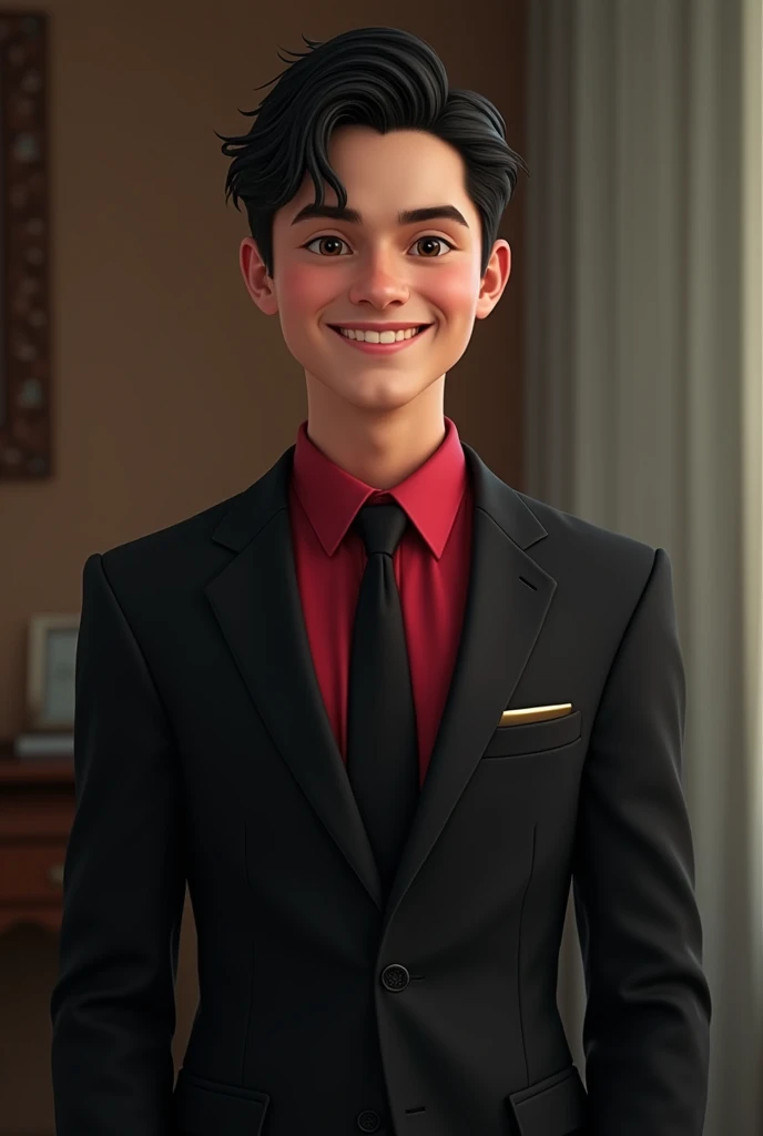 Jonathan Kent smiling in a black suit, black tie and red shirt