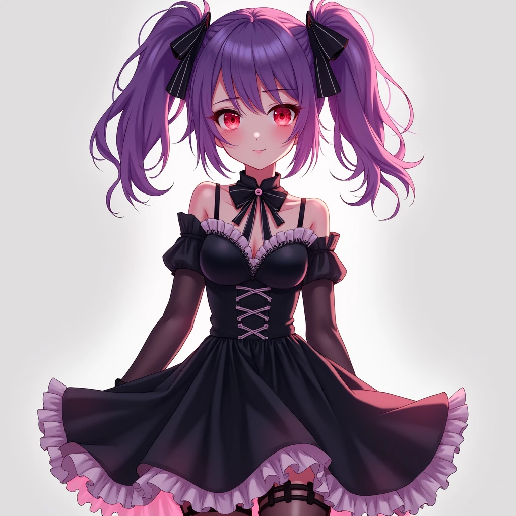 a one woman, purple double ponytail hair, Eyes red, breasts small, black ta dress, transparent pantyhose,best qualityer, anatomically correcte, アニメ