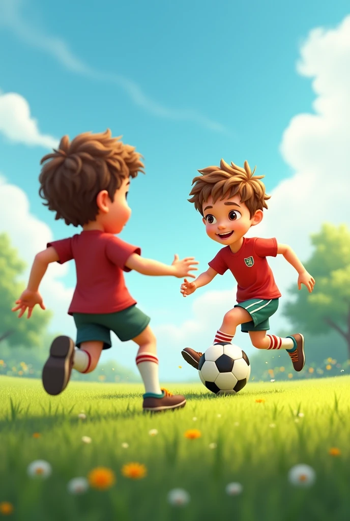 Teo boys are playing soccer. One of the boys has curly light brown hair and big eyes. He is shooting tve ball. Grass. Outside. Nice weather. Animated.