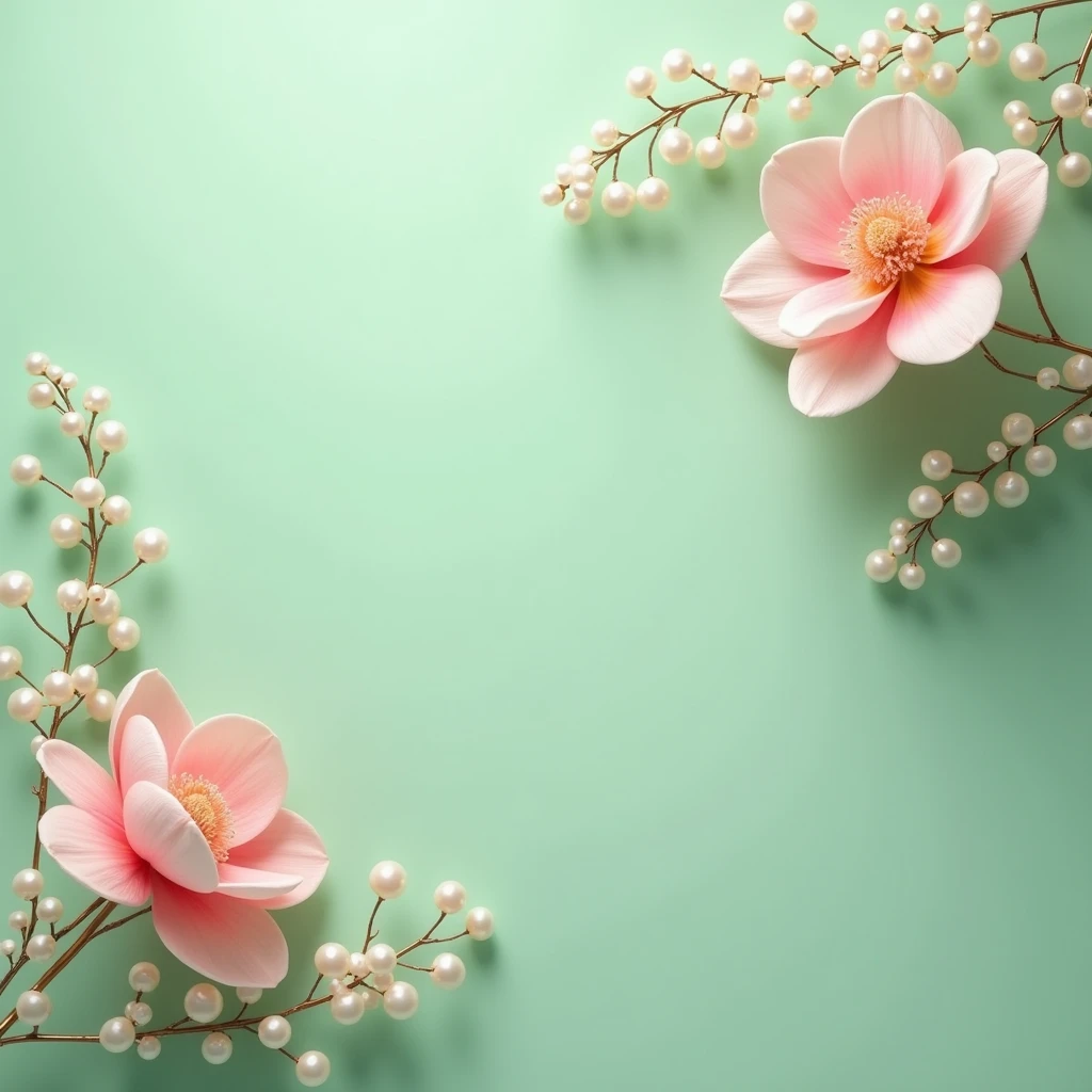 "Create a unique and elegant jewelry background with a soft green-colored surface. Position delicate pink flowers in the left bottom corner and the right upper corner, with each flower subtly adorned with beads and pearls. The flowers should cast gentle shadows, adding depth and realism to the scene. The overall composition should feel balanced and luxurious, with soft lighting to enhance the details of the flowers and the subtle sheen of the beads, making the background perfect for a standout jewelry display."