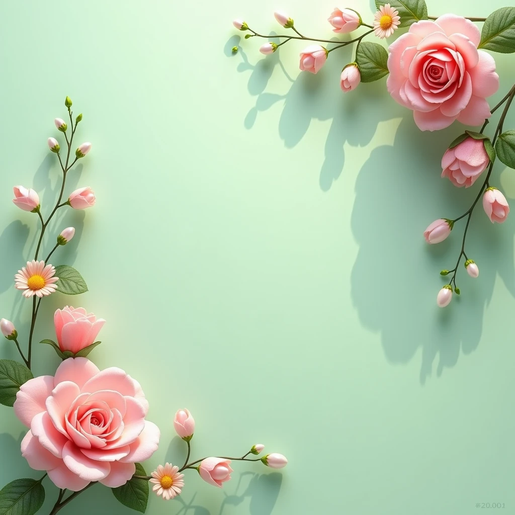 "Create a unique and elegant jewelry background with a soft green-colored surface. Position delicate pink flowers in the left bottom corner and the right upper corner, with each flower subtly adorned with beads and pearls. The flowers should cast gentle shadows, adding depth and realism to the scene. The overall composition should feel balanced and luxurious, with soft lighting to enhance the details of the flowers and the subtle sheen of the beads, making the background perfect for a standout jewelry display."