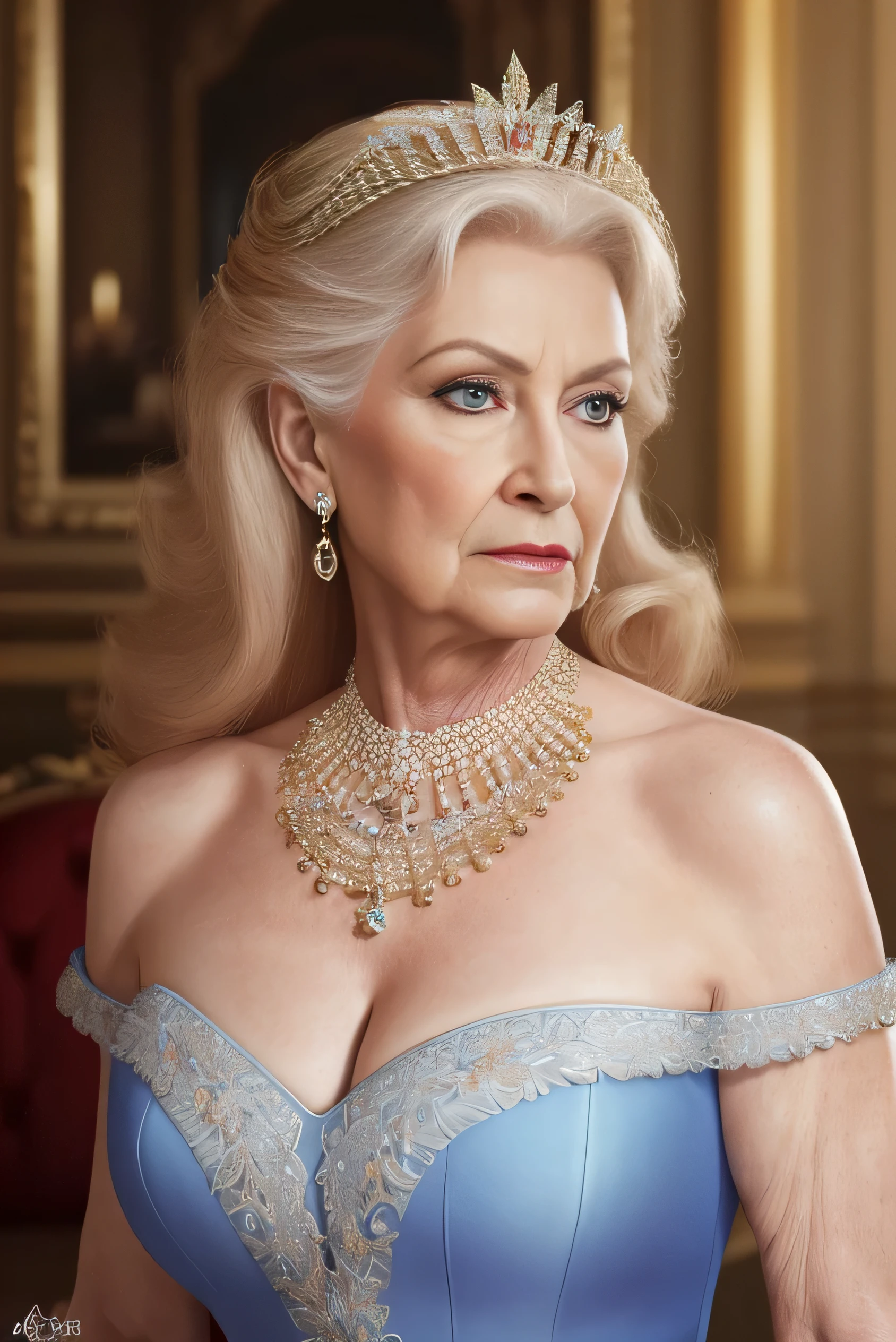 (Highest quality,4K,8k,High resolution,artwork:1.2),Very detailed,(Realistic,photoRealistic,photo-Realistic:1.37), Hall for people 60 and over々Barrel Madame, Queen,Dominant representation, (Nancy Patricia D........'Alexander Pelosi:1.1), A dignified figure, rich curves, Wrinkled face, lingerie,short hair, Intense aura, Sublime Dominance, Sexy lingerie, lingerie in different colors, In the bedroom, in the garden, Clear lingerie, Wearing panties,Make your bra visible, good, I'looking forward to it, Show me your ass from behind
