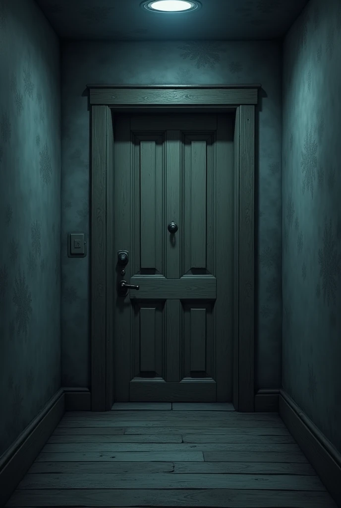A bedroom door in a realistic scene with cold tones and a little scary 