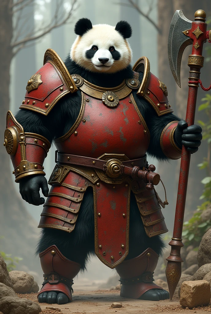 Pandorion is a warrior panda with medieval armor all made of red and green steel with some rusty details, he carries in his right hand a giant iron axe with golden and red handles.