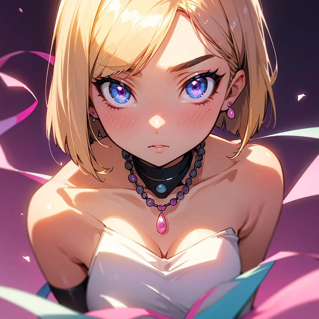 young woman of 20 years old. bob cut brown hair with a blond strand sticking out in front. eyes gradient pink and purple with eyeliner. discreet pink earrings and white necklace with pink pearl. she looks surprised. bare shoulders. anime art