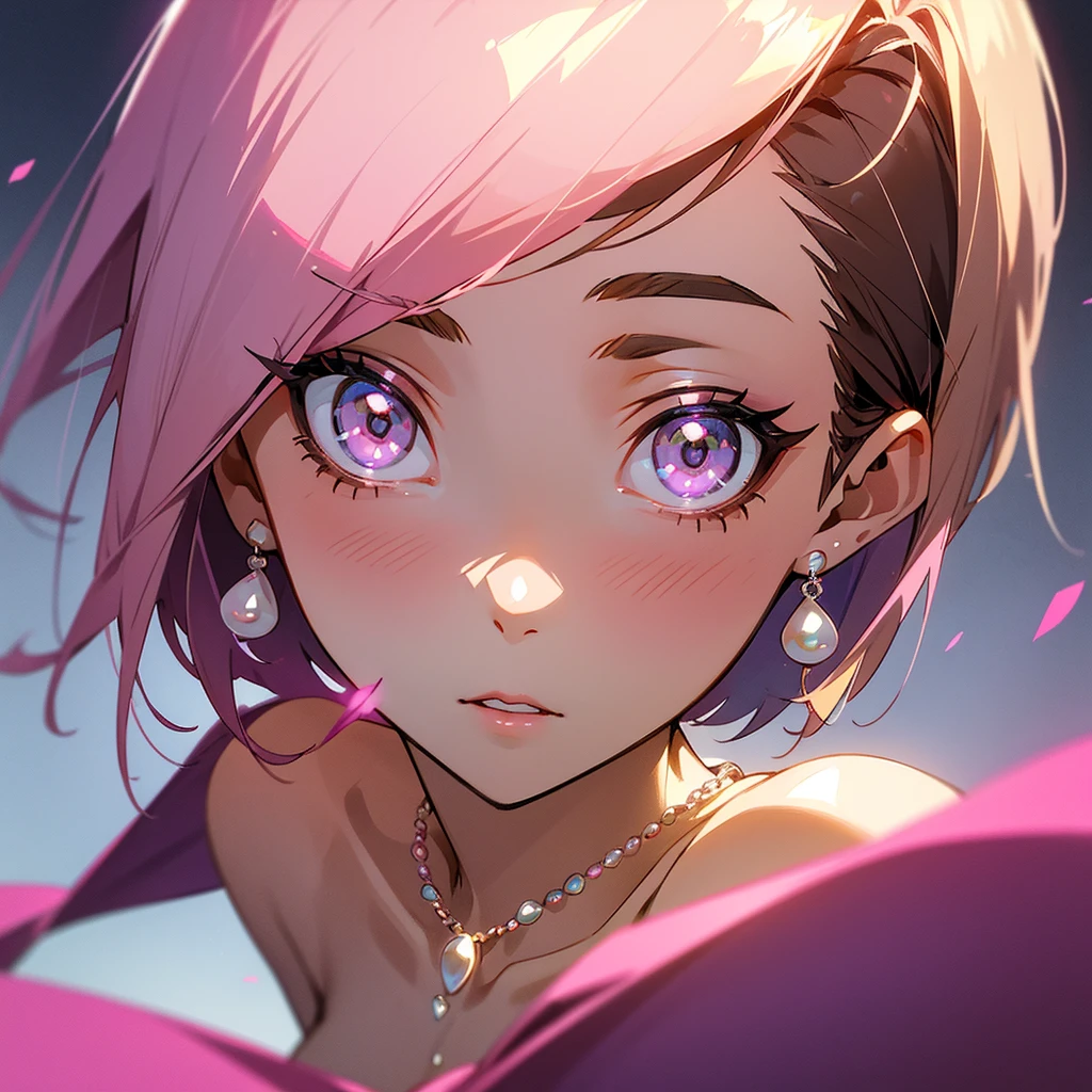 young woman of 20 years old. bob cut brown hair with a blond strand sticking out in front. eyes gradient pink and purple with eyeliner. discreet pink earrings and white necklace with pink pearl. she looks surprised. ???? shoulders. anime art
