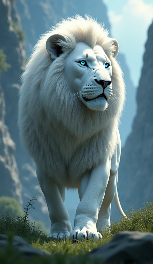 Generate ultra realistic 8k video of a strong and large blue-eyed white lion